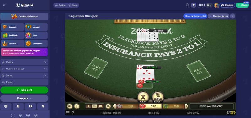 single deck blackjack de betsoft bruno casino