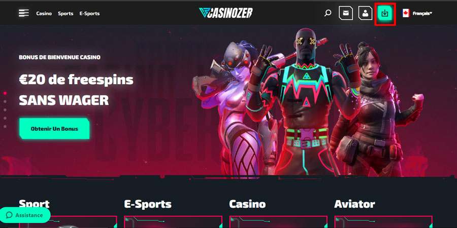Capture d'écran dépôt Casinozer étape 1