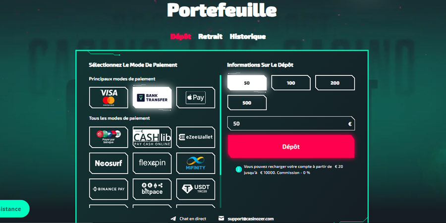 Capture d'écran dépôt Casinozer étape 2