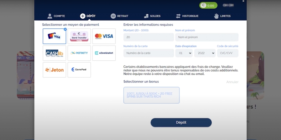 dépôt d'argent sur azur casino