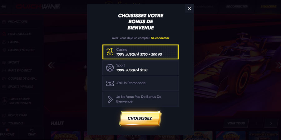 inscription étape 2 quickwin casino