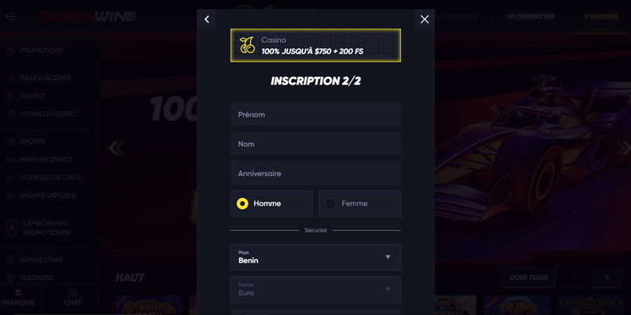 inscription étape 3 quickwin casino