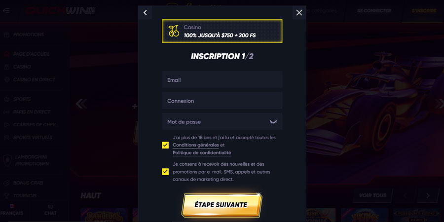 inscription étape 4 quickwin casino