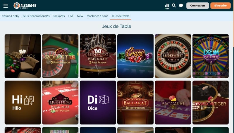 jeux de table alexander casino