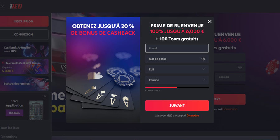 inscription 1red casino étape 2