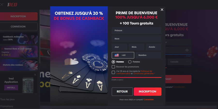 inscription 1red casino étape 3