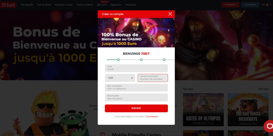 inscription sur 31bets casino étape 2