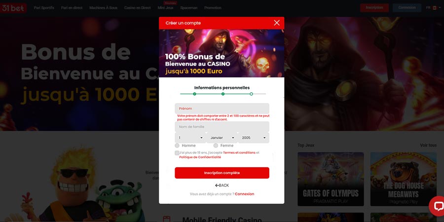 inscription sur 31bets casino étape 3