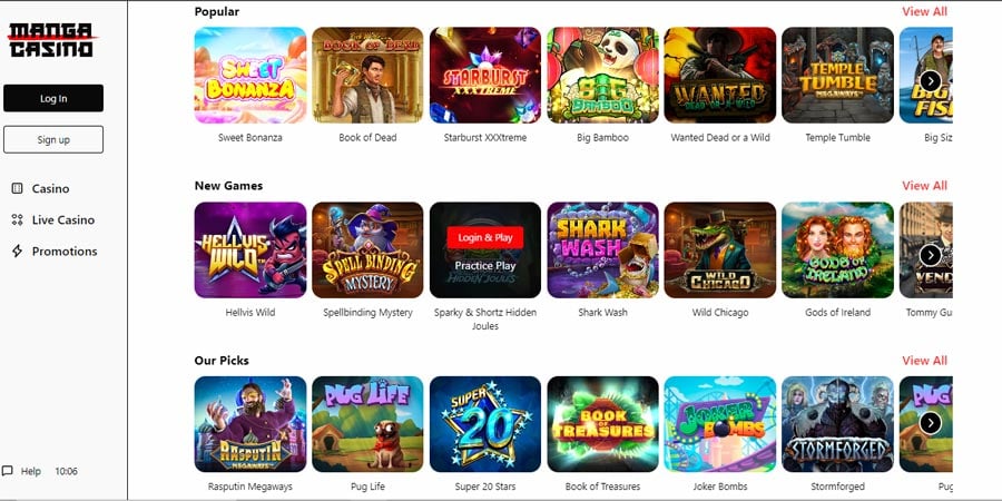 Capture d'écran des jeux de casino sur Manga Casino