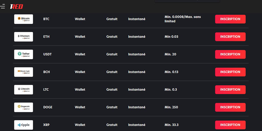 paiements 1red Casino