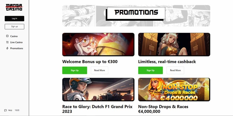 Capture d'écran des promotions sur Manga Casino