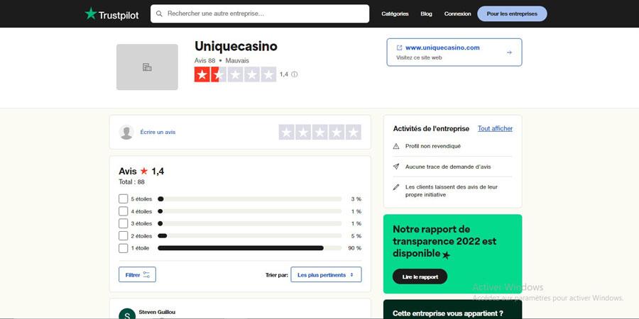 Les avis Trustpilot Win Unique Casino
