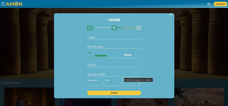 inscription étape 1 amon casino