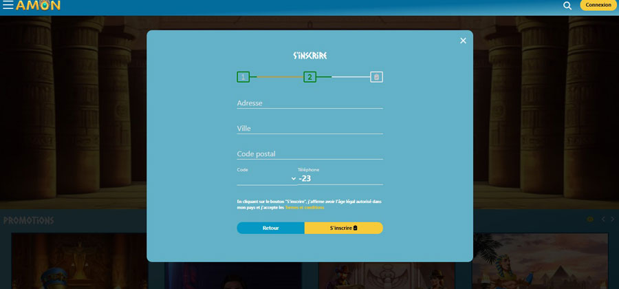 inscription étape 2 amon casino