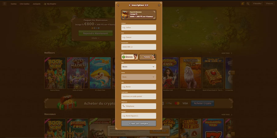 inscription étape 2 my empire casino