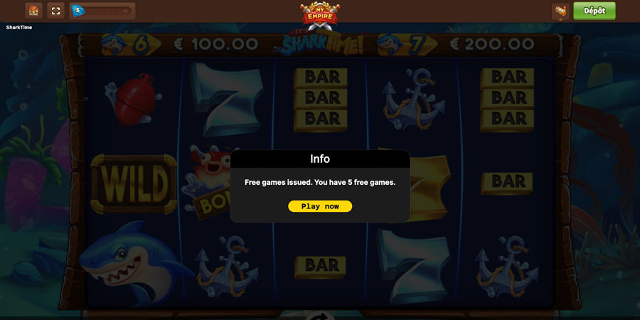 un message en anglais sur la slot it’s shark time my empire casino