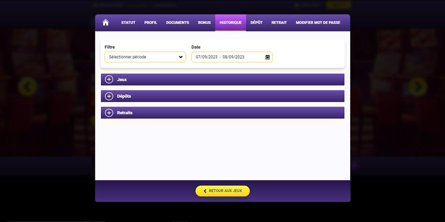 L'historique de vos transactions sur Cazino Stars
