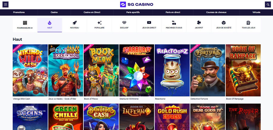 Capture d'écran des jeux de casino sur SG Casino