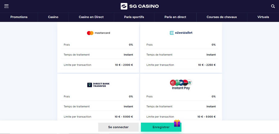 Méthodes de paiement sur SG Casino