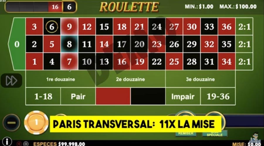 Capture d'écran sur les paris multiples à la roulette