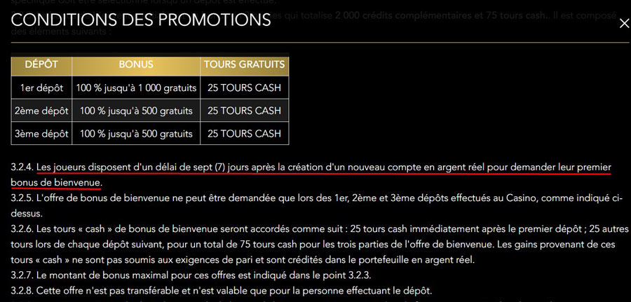 Capture d'écran des conditions du bonus sur Casino Joka