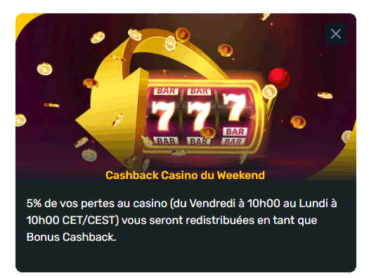 capture d'écran du bonus cashback du weekend de campeonbet casino
