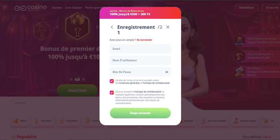 inscription sur casino infinity étape 3