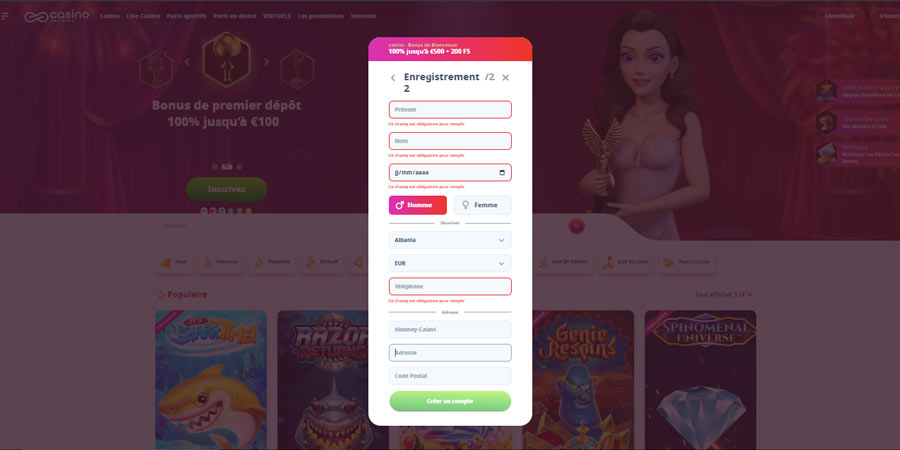 inscription sur casino infinity étape 4