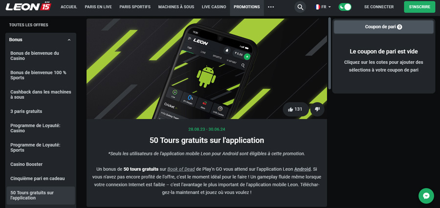 le bonus app 50 free spins en jouant sur l'application mobile leonbet