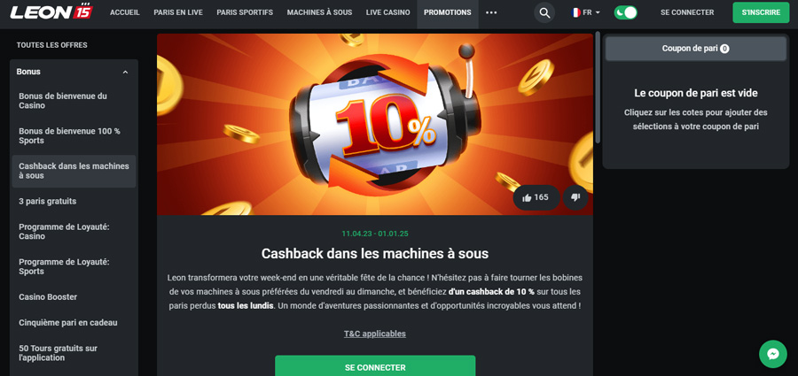 le bonus cashback 10% de vos pertes jusqu’à 500 € leonbet