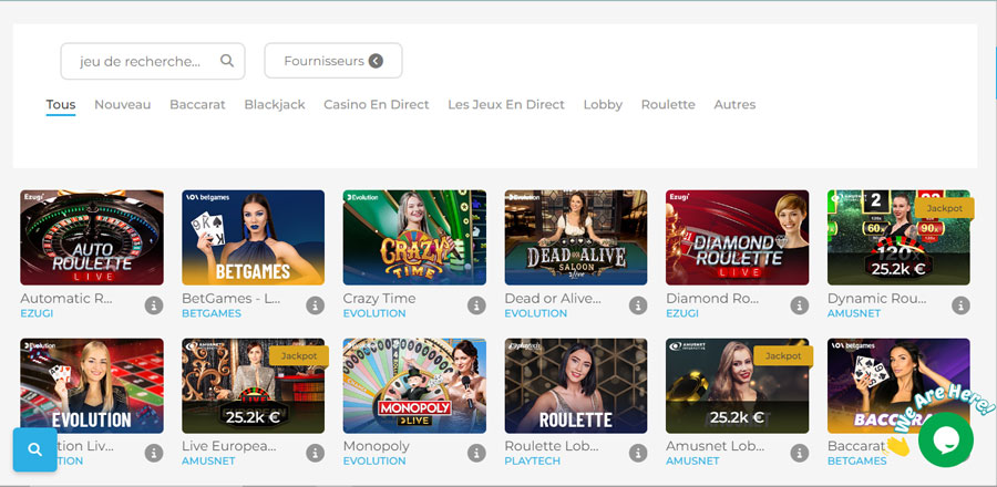 Capture d'écran jeux de casino en direct sur Wolfy Casino