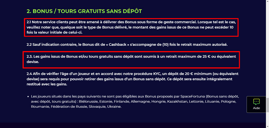 les conditions associées au bonus sans dépôt de space fortuna