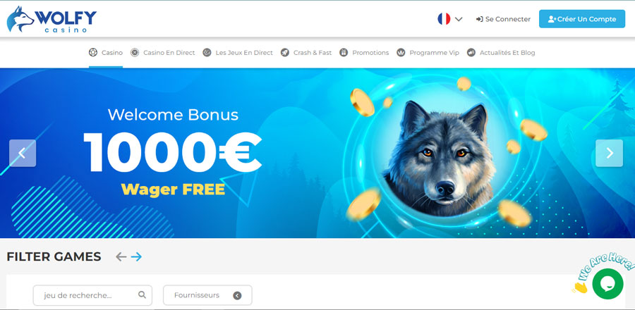 Capture d'écran de la page d'accueil de Wolfy Casino