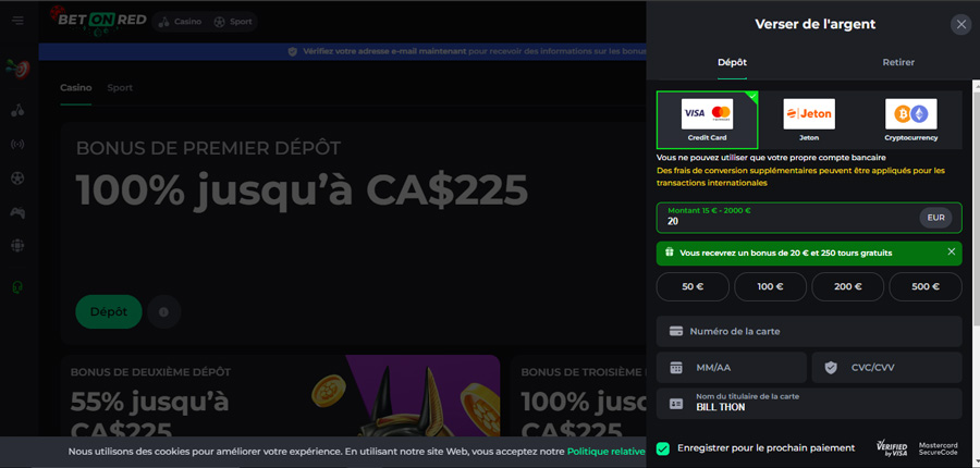 Capture d'écran dépôt BetOnRed