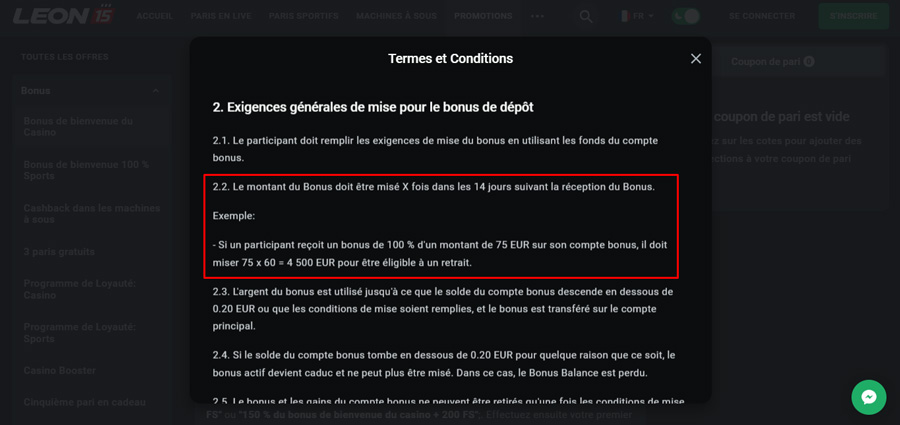 les exigences du bonus de bienvenue leonbet