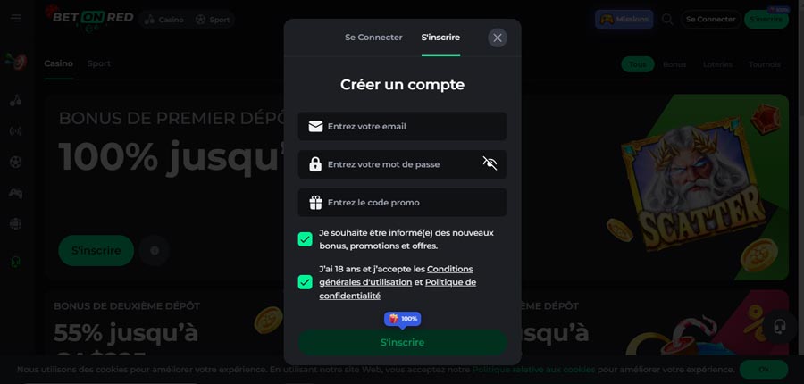 Capture d'écran inscription betonred