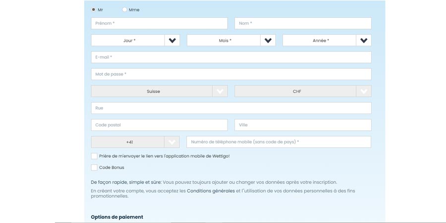 inscription sur wettigo casino étape 2