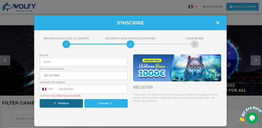 Capture d'écran inscription Wolfy Casino étape 3