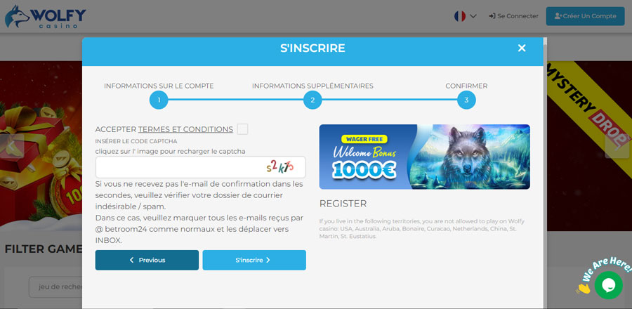 Capture d'écran inscription Wolfy Casino étape 4