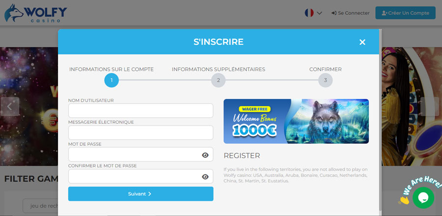 Capture d'écran inscription Wolfy Casino