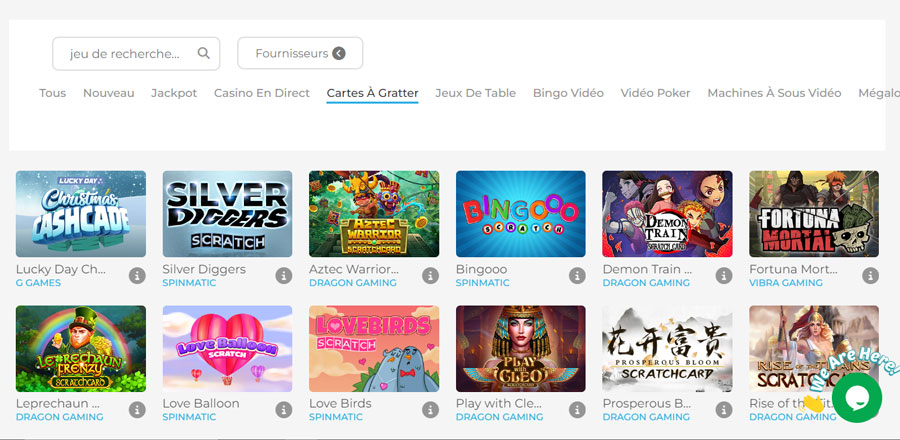 Capture d'écran des jeux de grattage sur Wolfy Casino