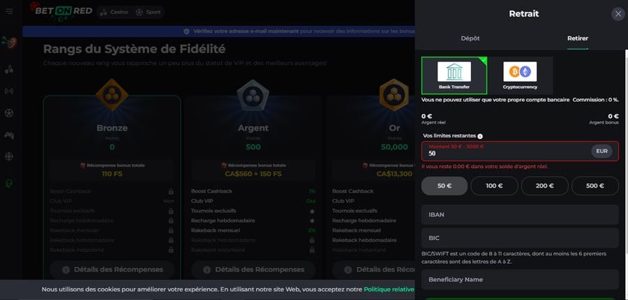 Capture d'écran retrait BetOnRed