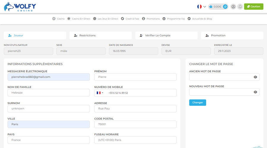 Capture d'écran vérification du compte étape 3 sur Wolfy Casino