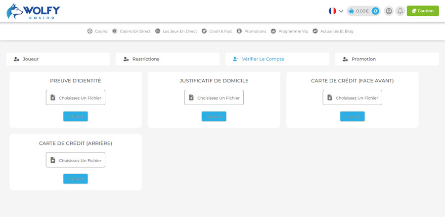 Capture d'écran vérification du compte étape 4 sur Wolfy Casino