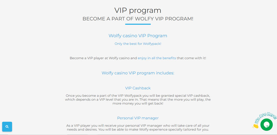 Capture d'écran du programme VIP de Wolfy Casino