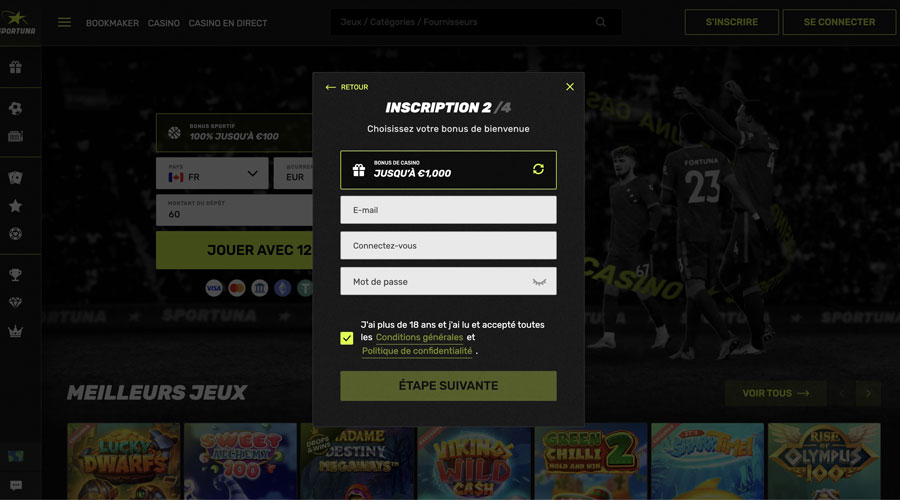 capture decran inscription sportuna casino etape3