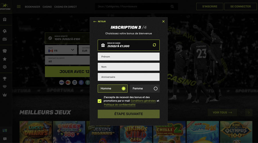 capture decran inscription sportuna casino etape4