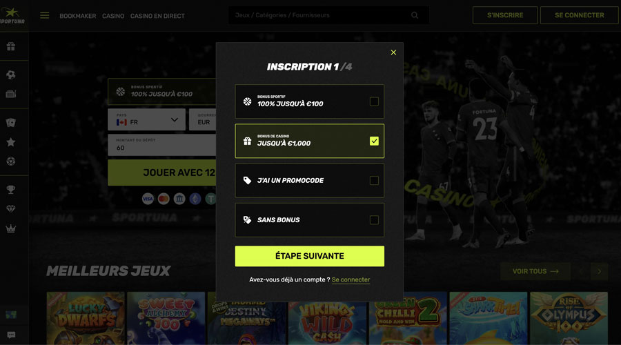 capture decran inscription sportuna casino