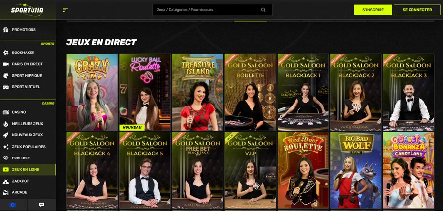 capture decran jeux direct sportuna casino
