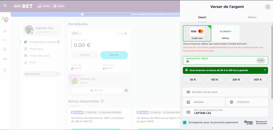 Faire un dépôt sur BDMBet